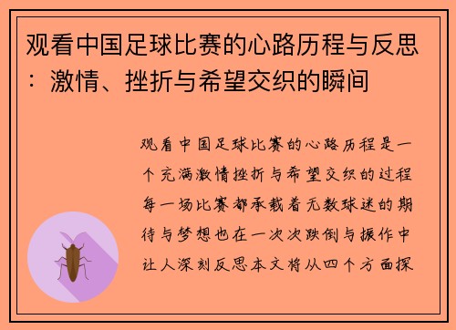 观看中国足球比赛的心路历程与反思：激情、挫折与希望交织的瞬间