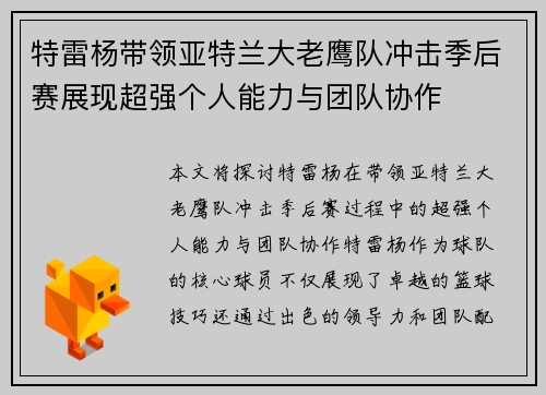 特雷杨带领亚特兰大老鹰队冲击季后赛展现超强个人能力与团队协作