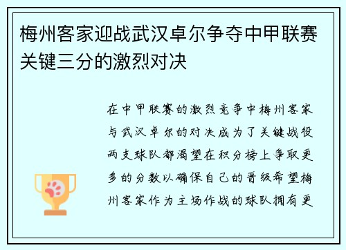 梅州客家迎战武汉卓尔争夺中甲联赛关键三分的激烈对决