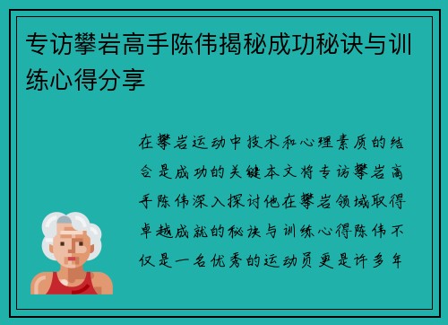 专访攀岩高手陈伟揭秘成功秘诀与训练心得分享