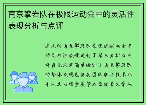 南京攀岩队在极限运动会中的灵活性表现分析与点评